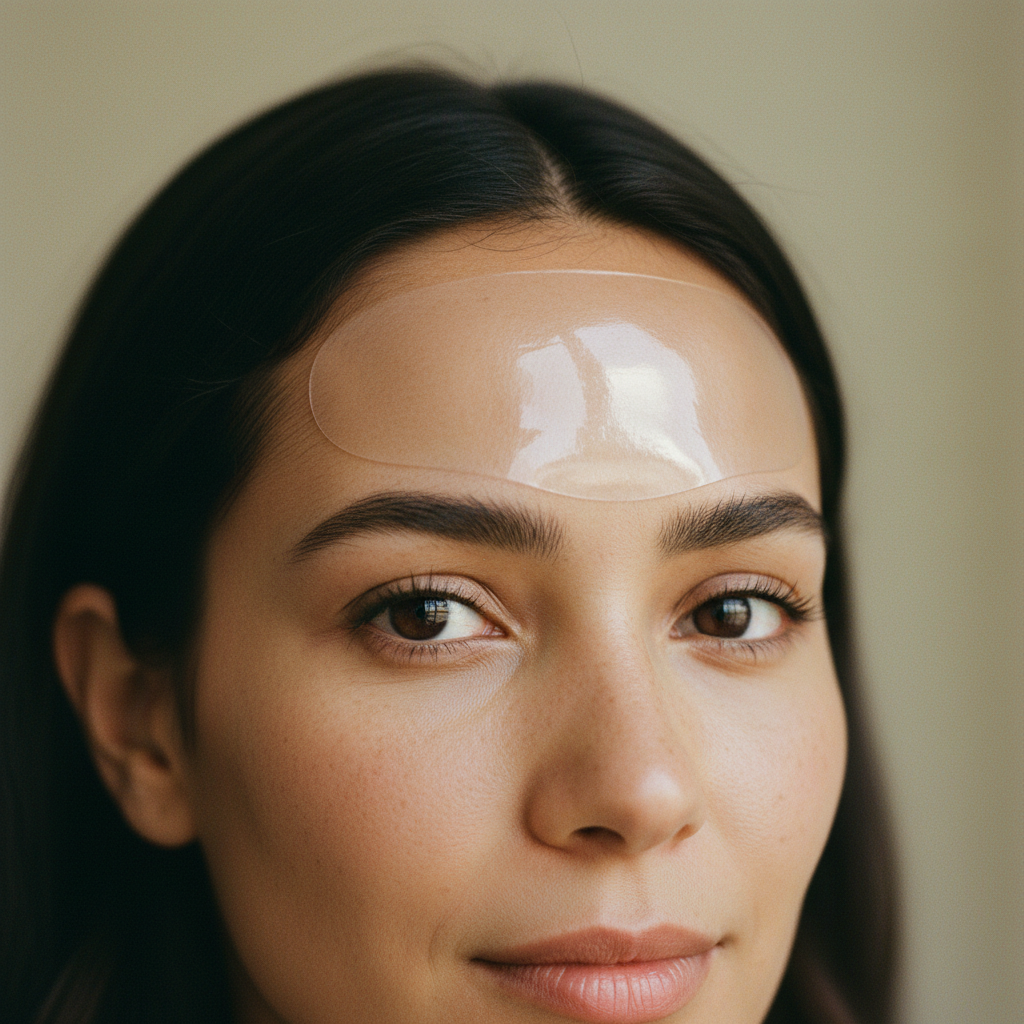 Woman with clear silicone forehead patch - natural look